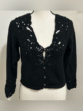 Rare Vintage 100% Wool Soutache Braid Cardigan Bespoke Style Black Knit S